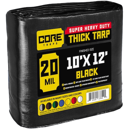 Core Tarps Heavy Duty Tarp, 10 ft x 12 ft, 20 Mil, Black, Polyethylene CT-706-10x12